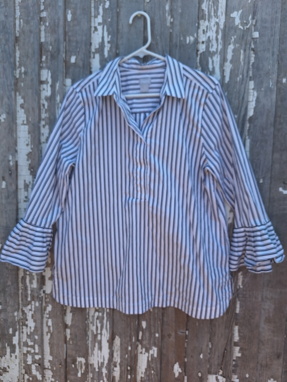 Chico's Blue and White Vertical Stripe Ruffle Cuff Shirt Size Large